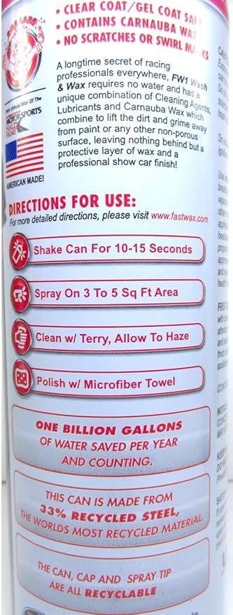 FW1 Waterless Wash & Wax Polish with Carnauba (12oz) by Fast Wax (1 can)