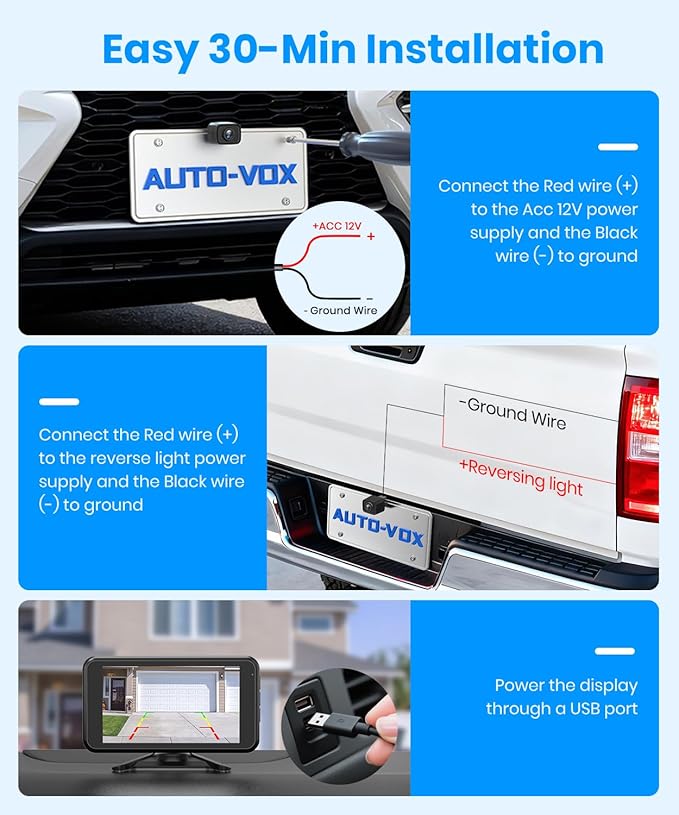 AUTO-VOX Wireless Backup Camera:1080P HD Dual-Channel Monitor, Easy Installation,Stable Digital Transmission Signal,IP69K Waterproof Night Vision Back Up Camera for Truck,SUV,Car,Vans