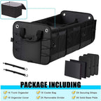 Large Trunk Organizer for Car, SUV, Truck with Removable Cooler Bag-Collapsible Multi Compartments w/Foldable Cover, Non Slip Bottom Cargo Storage (Black)
