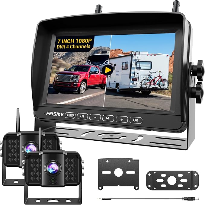 2 Wireless Backup Camera with 7" 1080p Monitor, RV Backup Camera for Furrion Pre-Wired, Recording 4-Channel Split Screen, IR Night Vision, IP69 Wide Angle, Back up Camera Systems for Truck Trailer