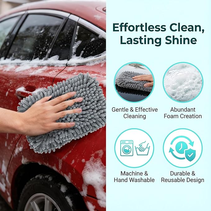 Microfiber Cleaning Cloths for Cars - 2 Pack Chenille Microfiber Wash Pads Gray Car Wash Pad for Gentle Cleaning of Cars Motorcycles Boats,Soft and Highly Absorbent,Easy to Clean and Reusable
