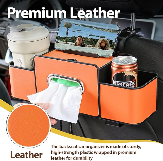 ZenChef Three-in-one Car Organizers and Storage, 2025 New Multi-function Car Tissue Holder, Multi-function Backseat Car Organizer with Cup Holder, Tissue Box, Hook (brown)