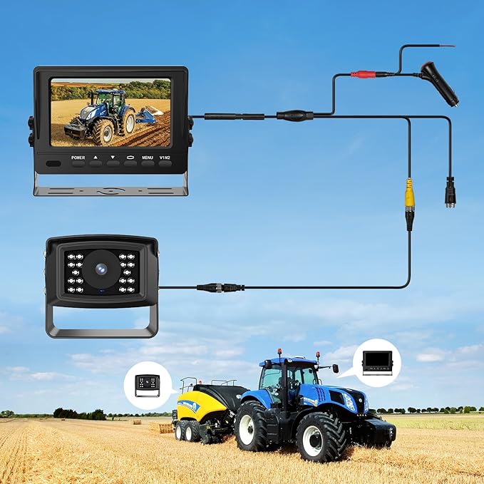 FEISIKE 1080P Wired Backup Camera System for Tractors and Farm Trucks – 7" HD Monitor with Waterproof Rear View Camera, IR Night Vision, Vibration-Proof 10G for Agricultural & Heavy Equipment