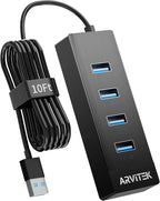10Ft 4-Port USB 3.0 Hub for Desktop, USB Extender Hub 5Gbps, USB Multiport Adapter, USB Splitter w/Long Cable for Desktop, PC, Flash Drive, Mobile HDD, USB Fan (10 Foot / 3m)