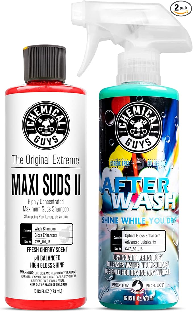 Chemical Guys CWS_101_16A Car Wash, Dry & Shine Bundle - Maxi-Suds II Foaming Car Wash Soap, 16 oz, Cherry Scent + After Wash Gloss Boosting Drying Aid (16 oz) (2 Items)