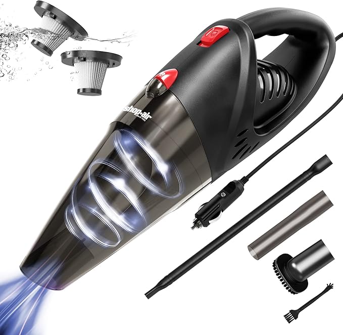 Car Vacuum Cleaner, 12V/106W High Power Handheld Portable Car Vacuum with 16 Ft Cord, Attachments, Filters and Storage Bag, Suitable for Car (Red Button)