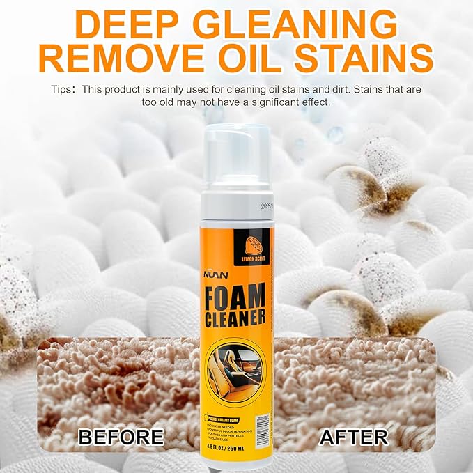 NUAN Foam Cleaner for Car, Lemon Scent Car Interior Cleaner, Safe and Quick Remover Stains Multi-Purpose Foam Spray for Car Steering Wheel, Car Seat, Leather and House, 8.4 FL OZ, 250 ML