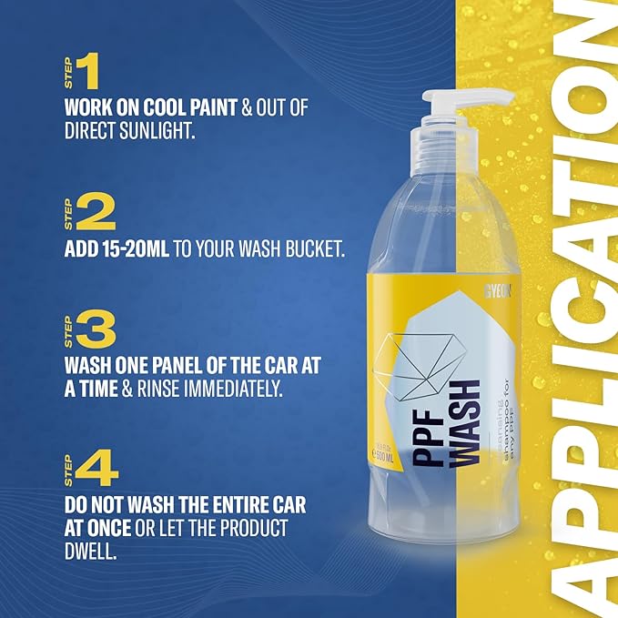 Gyeon PPF Wash paint protection film cleaner decontamination shampoo iron remover foaming safe on coated surfaces high‑suds slick wash routine road grime removal restores optical clarity