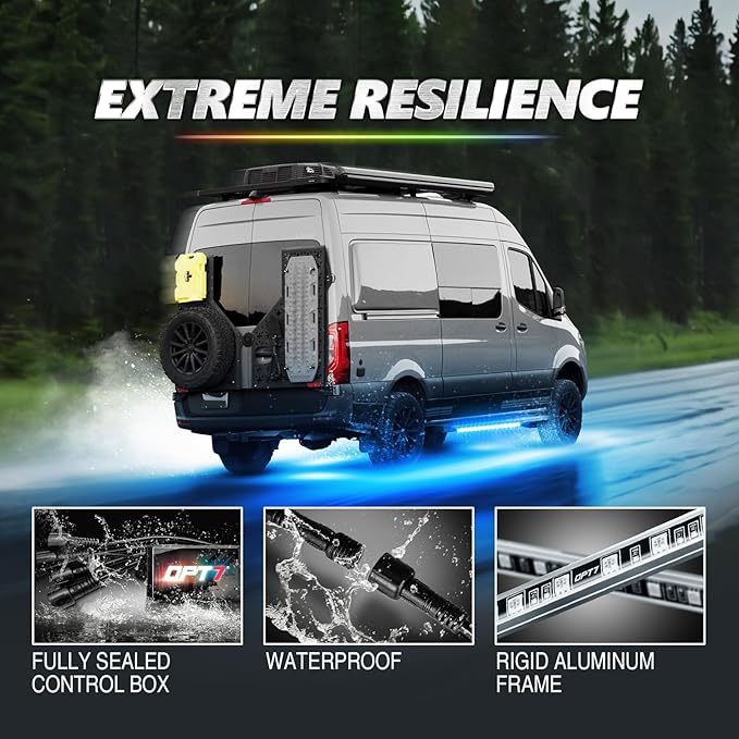 OPT7 Aura Pro RV Exterior Underglow Lights with APP & Remote Control, RGB Multicolor Music Sync, 12V Waterproof Rigid Aluminum LED Light Bar, Outdoor Neon Accent Underbody Kit for Camper Motorhome