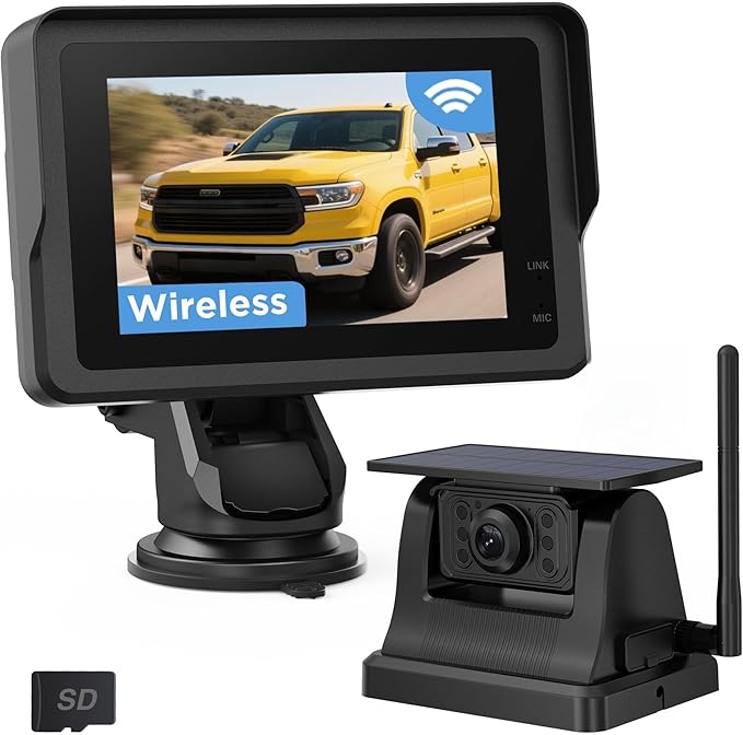 Magnetic Solar Wireless Backup Camera with 28hrs Rechargeable Battery, IR Night Vision & IP69, Suitable for Trucks, RV, Small Trailer & Pickup, 5'' HD 1080P Video Monitor, Reserve Guideline