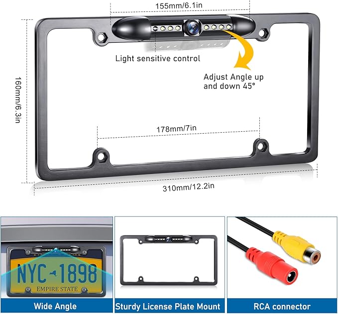 GLK Backup Camera, AHD 1080P License Plate Camera, Night Vision Rear View Reverse Camera with 7 LEDs, Wide Angle IP69K Waterproof Rear Camera for 12-24V Car Vehicle SUV RV