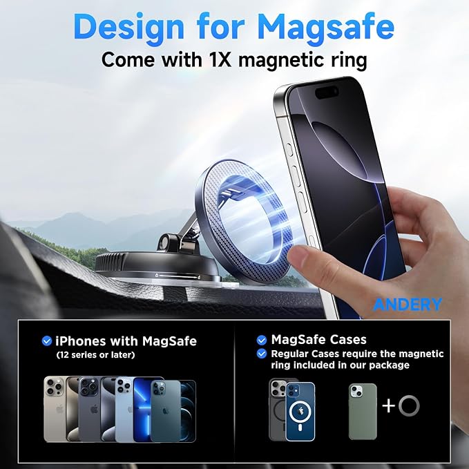 ANDERY Car Phone Holder for Magsafe [78+LBS Strongest Suction & 2400gf Strongest Magnetic] 360° Adjustable Car Phone Mount, Phone Holders for Your Car for iPhone 17-12 Pro Max Air Plus (Carbon Fiber)