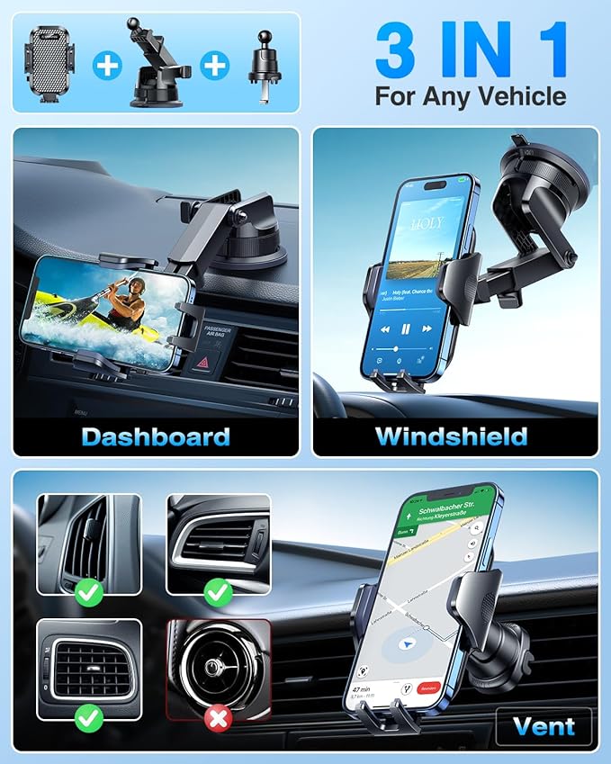 VANMASS Car Phone Holder [Upgraded Strongest Suction & Clip] Cell Phone Mount for Dashboard Windshield Vent Wall,Truck Cradle Stand for iPhone 17 Pro Max 16 15 14 13 12 11 SE Samsung S26 Android,Black