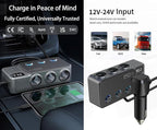 8-in-1 Car Cigarette Lighter Splitter, QC3.0 3 USB Ports & 2 Type-C PD 35W Fast & Safe Charging,3 Sockets with Independent/ Master Switches, Real-Time Voltage Display, Smart Trickle Charging, 12-24V