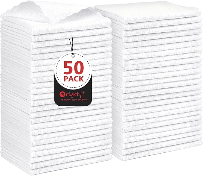 Orighty Cleaning Cloths, Shop Towels 50 Pack, Shop Rags Reusable, Microfiber Cleaning Rags Bulk for Cars, Multi-Purpose Lint Free Towels for Automotive, Mechanic, Kitchen, 11.5’’ x 11.5’’, White