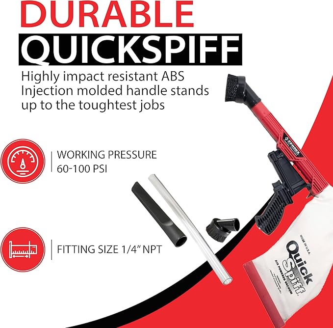Zendex Tool - QuickSpiff Venturi Air Vacuum with Easy Empty Dust Bag - No Electricity Pneumatic Vacuum with Powerful Suction for Industrial and Personal Use - Red