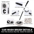 15° Curved Car Wash Brush with 43" Telescopic Handle – Microfiber Chenille Car Wash Mop for RV, SUV, Truck & Boat – Soft, Scratch-Free Extendable Cleaning Tool (White&Black)