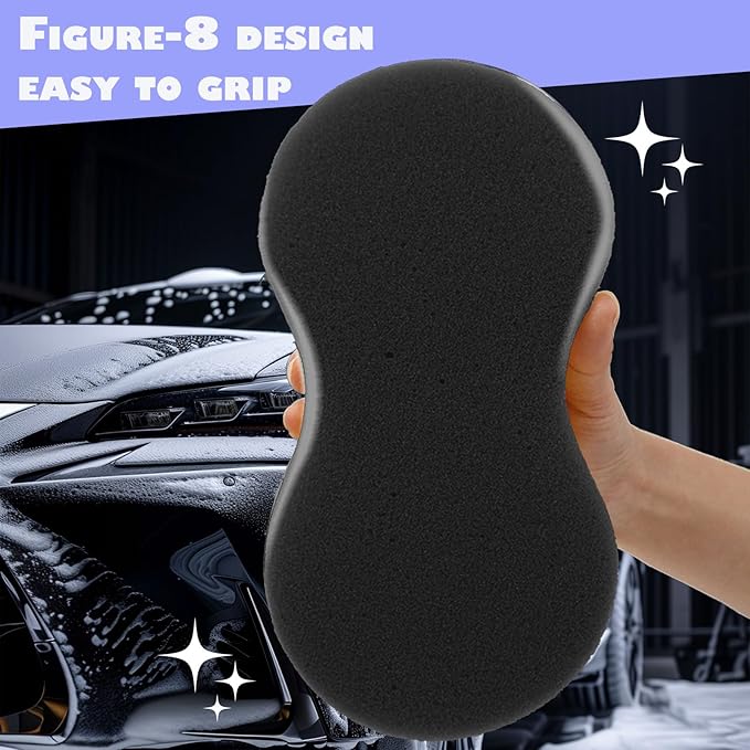 Professional 8-Shaped Car Detailing Sponge, Extra Large Thick Cell Foam Pad for Safe Waxing, Washing, And Drying Effectively Adsorb Dust Particles，Long Lifespan Without Deformation (Black 3PC)