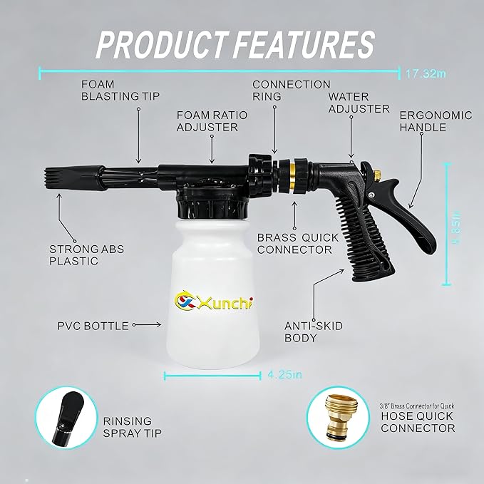 Foam Gun Car Wash Gun, Foam Blaster Equips 3/4" Universal Garden and Quick Connector (Connects to Any Garden Hose) for Watering Plants, Lawn, Patio, Car Wash, Cleaning