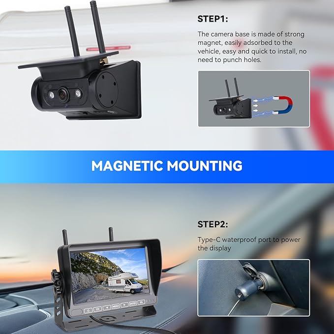 Magnetic RV Backup Camera 1080p HD 7-inch Install-Free Trailer Hitch Solar Wireless Back up Camera 10000mah Battery,Night Vision Trucks,RVs, Trailers, Vans Tow (Magnetic Camera with7‘’ Monitor)
