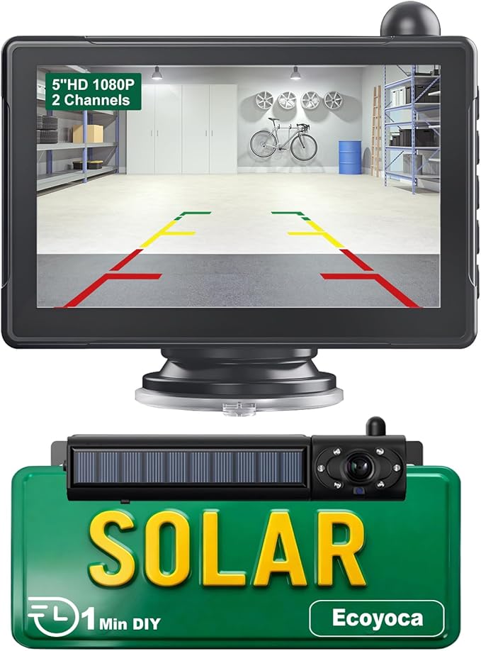Solar Wireless Backup Camera 5'' HD Split-Screen Monitor Reversing Camera Stable Signal Dual Channel Back Up Kit Easy Installation Night Vision Waterproof Reverse Camera for Car RV Van SUV