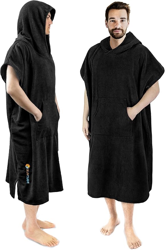 SUN CUBE Surf Poncho Changing Robe with Hood | Absorbent Quick Dry Microfiber Wetsuit Changing Towel with Pocket for Surfing Men Women