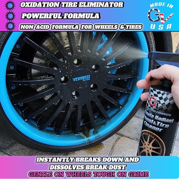 GV Automotive Products Ultimate Radiant Wheel Cleaner - Chrome Rim & Wheel Cleaner Spray – Safe, Ready To Use, Polishes, Shines & Removes Brake Dust – Professional Car Detailing Formula - 16oz