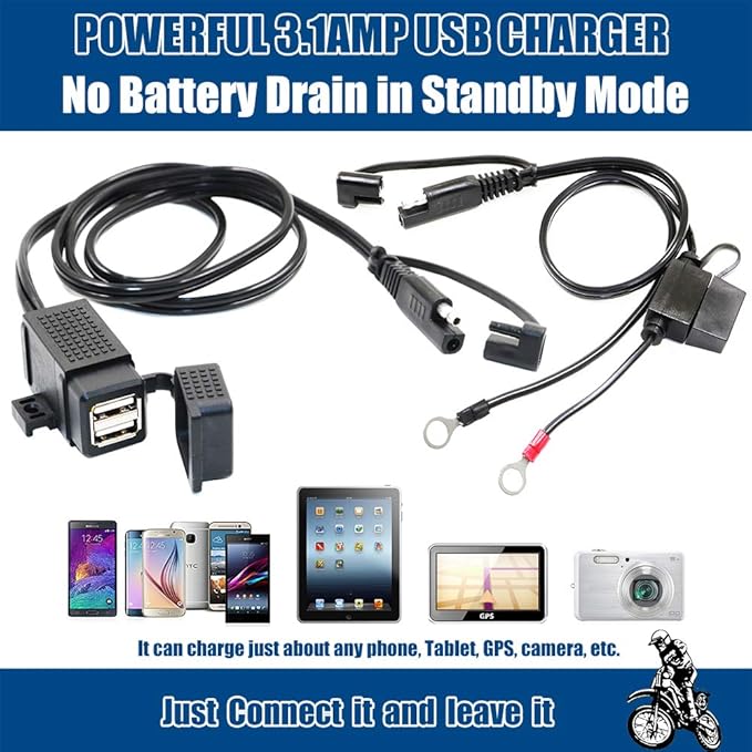 MOTOPOWER MP0609EA 3.1Amp Waterproof Motorcycle Dual USB Kit SAE to USB Adapter Cable with SAE Ring Terminal Cable Harness