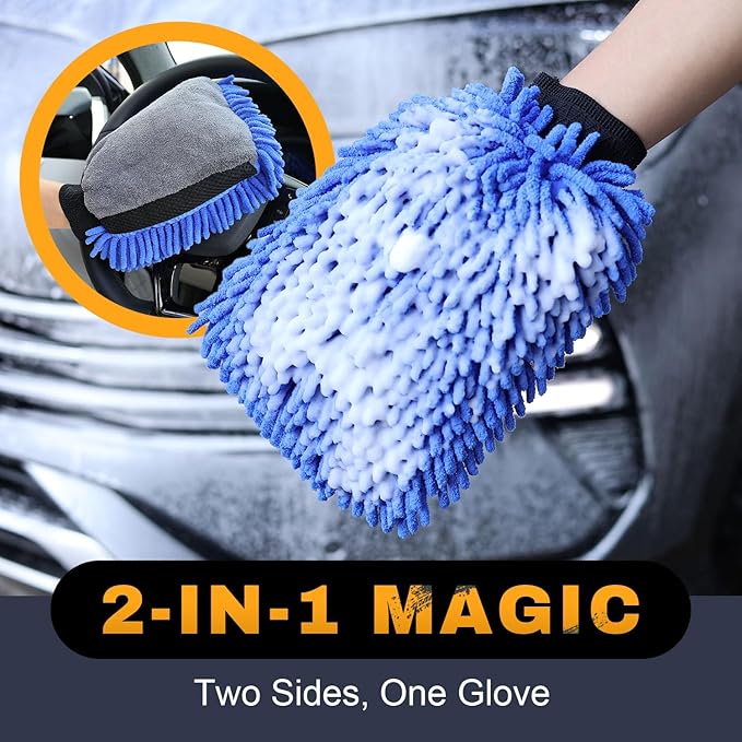 2Pack Premium Car Wash Mitt, Scratch-Free 2-in-1 Dual-Side Chenille Microfiber Gloves for Auto Detailing, Safe on Paint, Glass, Chrome – for Cars, Trucks, SUVs, RV & Motorcycle (Blue)