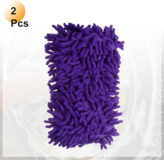 HARFINGTON 2pcs Car Wash Sponge 8.7" x 4.3" Chenille Microfiber Mitt Scratch-Free Absorbent Scour Scrubber Cleaning Sponge for Washing Detailing on Cars, Trucks, SUV, Boats, RVs, Purple