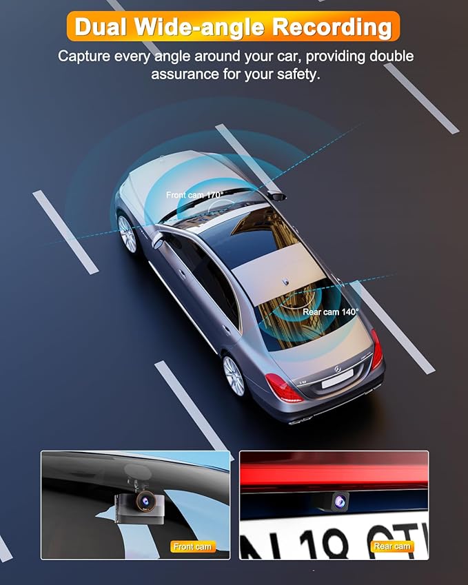 Dual Dash Cam Front and Rear 4K+1080P, 64GB Card Included, Built-in WiFi Dash Camera for Cars with APP, 24H Parking Mode, Night Vision, G-Sensor, Loop Recording, WDR, 170° Wide Angle, 3”IPS Screen