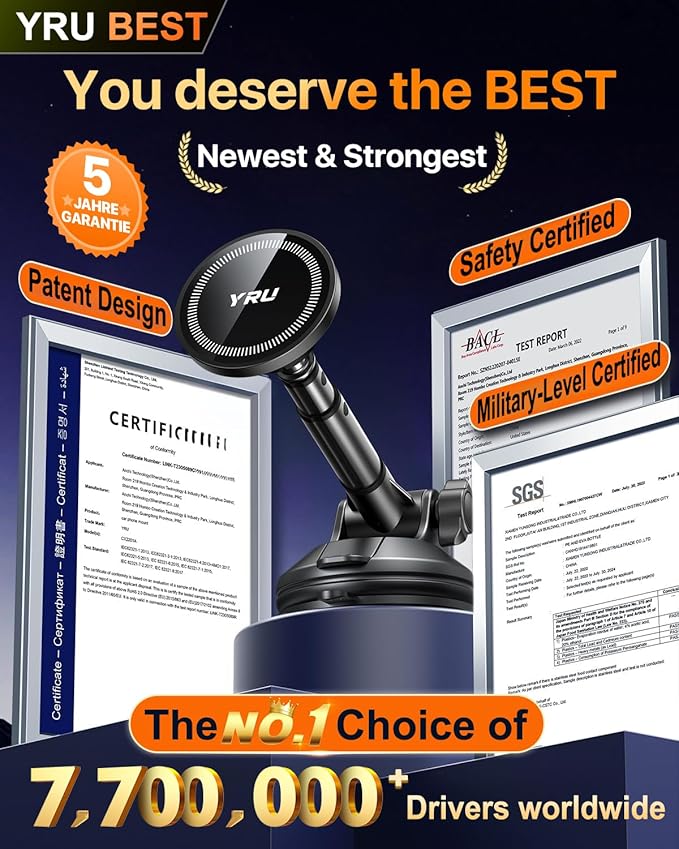 YRU Upgraded Magnetic Phone Holder for Car【Patented & Super Magnet】 for MagSafe Car Mount Dashboard Magnet Phone Holder Windshield Phone Stand for iPhone 17 16 15 14 13 12 Pro Max Samsung, Grey