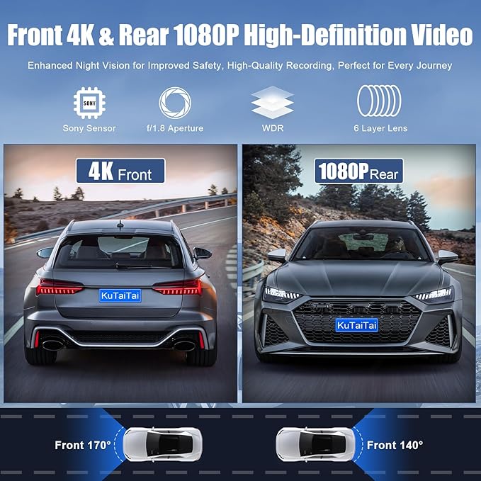 Front 4K + Rear 1080P Dash Cam for Audi 2019 2020 2021 2022 2023 2024 2025 2026 A4 A6 Allroad A3 A5 Q5 S4 S6 Q7 A8 S8 TT A7 S5 Q3 S3 S7 RS3 RS5 RS6 e-tron (Model A), OEM Look, WiFi & APP, 128GB Card