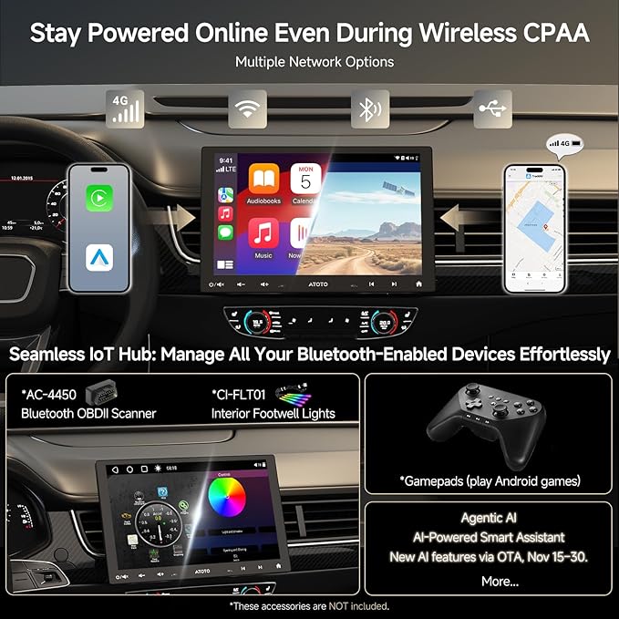 ATOTOZONE S8 MS 10.1'' QLED Single & Double DIN Android Car Stereo, 4G LTE, Floating Touchscreen, Wireless CarPlay & Android Auto, ChatGPT-Powered AI, Dual BT, DSP 36-Band EQ, SCVC, Backup Camera