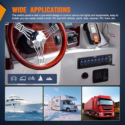 Nilight 8 Gang Rocker Switch Panel with PD Type C and USB Charger Voltmeter 12V SPST ON Off Toggle Switches w/Blue Backlit Waterproof Aluminum for Boats Cars RVs Trucks