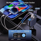 OHLPRO Retractable Car Charger Cigarette Lighter Adapter, 168W 5 in 1 Fast Phone Charging Built-in Replaceable Fuse, Socket Splitter with USB C and USB i Cord, Fit for Phone iPad Galaxy GPS, Black