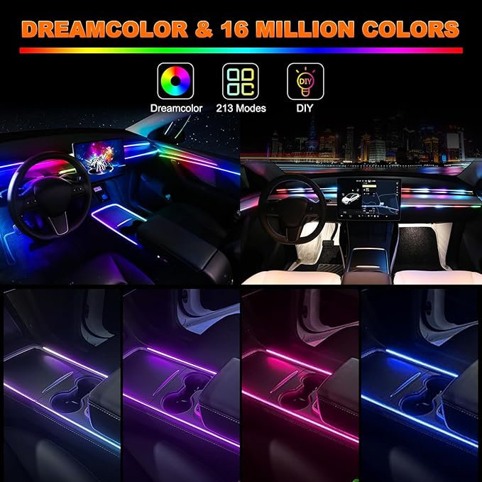 Jushope Interior Car LED Strip Lights, Acrylic LED Lights for Car with Dynamic Dreamcolor Chasing, Ambient Lighting Kits Music Sync Wireless APP and RF Remote Control (43.5+14.5'')