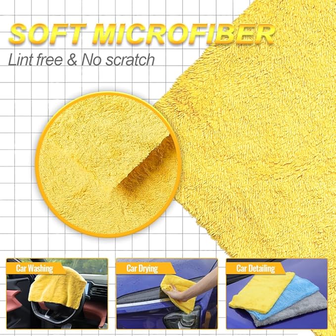 Microfiber Car Wash Cleaning Towels, 450gsm Ultra-Thick Highly Absorbent Lint-Free Detailing Cloths, Scratch Free Reusable Rags for Car Interior & Exterior - Coral Fleece, Blue, 6 Packs