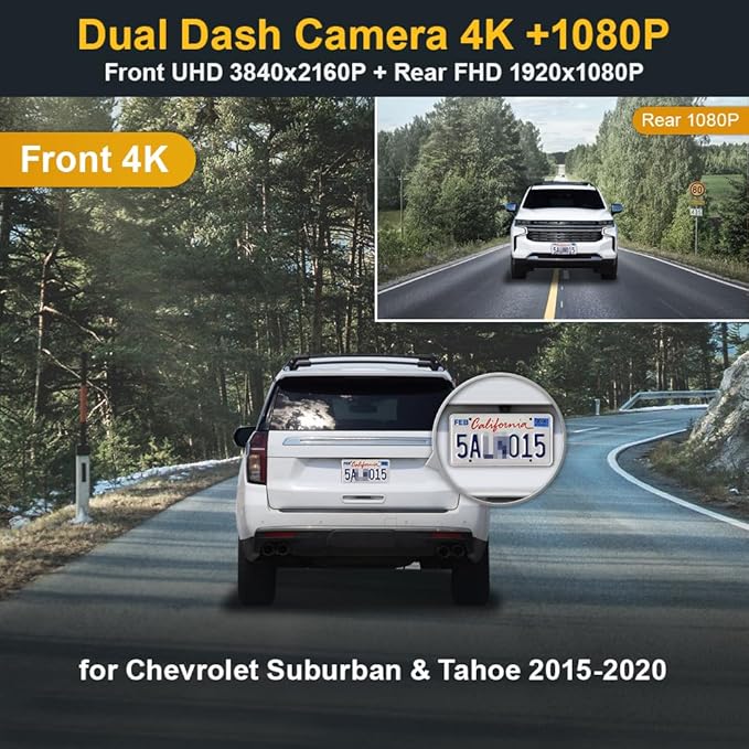 Fitcamx Front 4K+Rear 1080P Dash Cam Adapts for Chevy Suburban & Tahoe 2015-2020 (with Auto-Dimming), OEM Look, Dual HD Video Quality, WiFi & APP, Loop Recording, G-Sensor, Easy to Use, 128GB Card