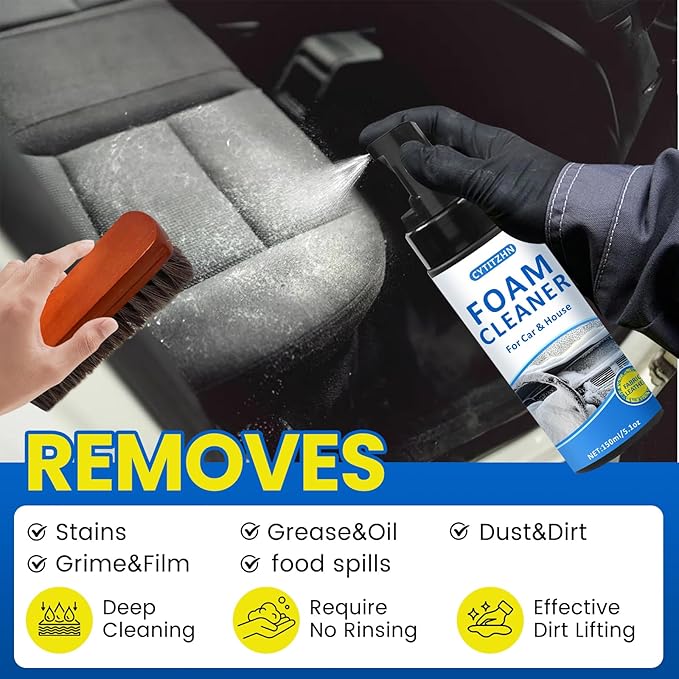 Car Interior Cleaner Kit – All-Purpose Foam Cleaner for Leather, Fabric, Vinyl, Plastic, Carpet & Upholstery | Deep Stain Remover | Includes Brush & Microfiber Towel – 5oz/150ml