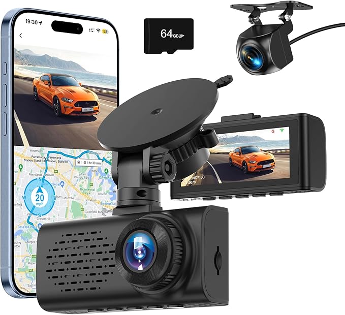 4K Dash Cam Front and Rear, 4K+1080P Dashcam, Dash Camera for Cars with 5GHz WiFi & App Control, GPS, 64GB Card, 24H Parking Monitor, Night Vision, G-Sensor, Loop Recording Dual Car Camera