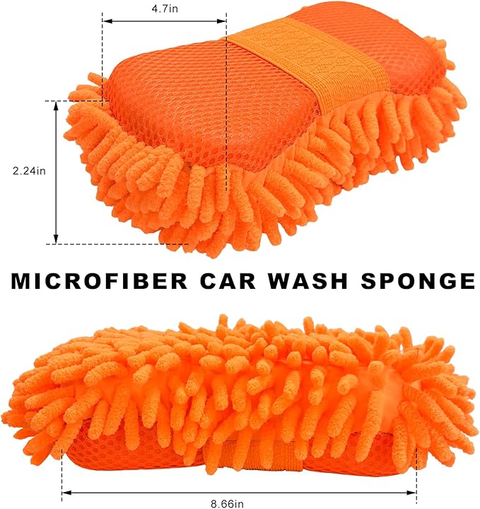 Microfiber Car Wash Sponge, Scratch-Free Vehicle Washing Mitt with Chenille & Mesh Sides, Highly Absorbent Sponge Lint-Free Cleaning Tool for Car Washing & Detailing (Orange)