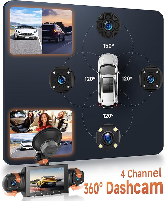 360 Degree View 4 Channel Dash Cam Front and Rear Inside Left Right, Dash Camera for Cars, Built-in Night Vision, 24/7 Recording Parking Mode Monitor