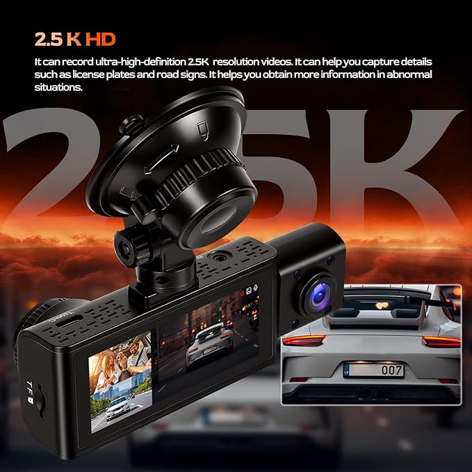 3 Channel 2.5K Dash Cam with WiFi & APP Control, 2.5K+1080P+1080P Front Inside and Rear, Triple Dash Camera with G-Sensor, 24 Hours Parking Mode, Loop Recording, Night Vision