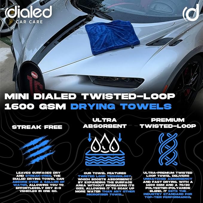 2 Pack Dialed Mini Drying Towels 1600 GSM, Premium 70/30 Blend Microfiber for Drying Cars, Trucks, SUVs. Professional Grade, Safe for Detailing + Lint Free. 16" x 16", Marina Blue
