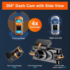 4K 360° Dash Cam for Cars, 4 Channel Front Rear Inside with 128GB Card, Super Night Vision, Fastest 5.8GHz WiFi GPS, Voice Control, 24/7 Parking Mode, Loop Recording Ideal for Uber & Lyft