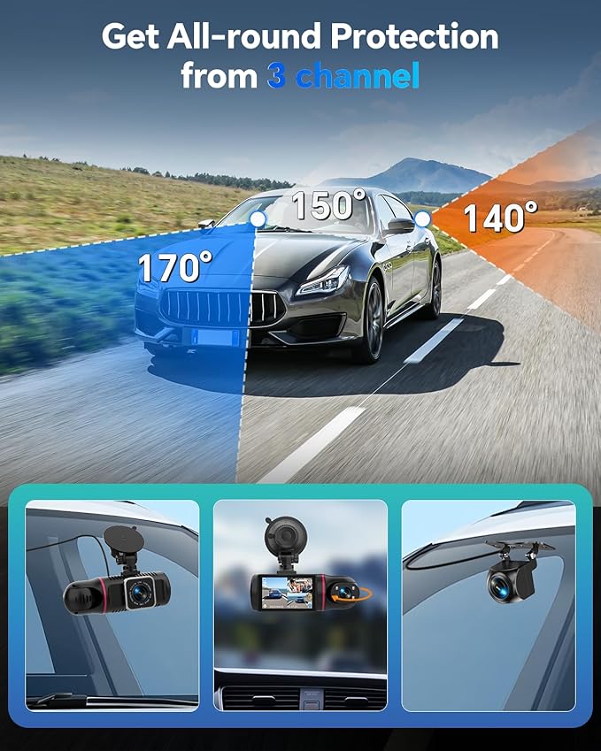 Dash Cam Front and Rear Inside 3 Channel, 1080P Dashcam with 64GB Card, Dash Camera for Cars with 24H Parking Monitor, Super Night Vision, Loop Recording, G-Sensor, WDR, 2.3" Screen for Taxi