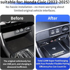 Car USB Hub Docking Station for Honda Civic 2022 2023 2024 2025 2026，Acura Integra 2023-2026 Type-C Fast Charger Auto Interior Centre Console Accessories Cigarette Lighter Phone Charging Adapter