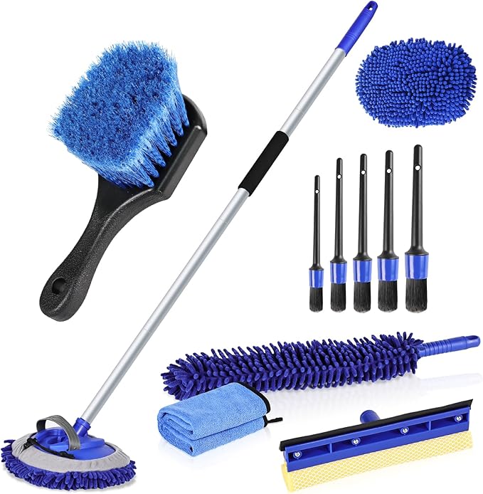 anngrowy 62" Microfiber Car Wash Brush with Long Handle, Car Washing Blue Set Mitt, Sponge, Car Cleaning Supplies Kit, Duster, Car Brush Accessories