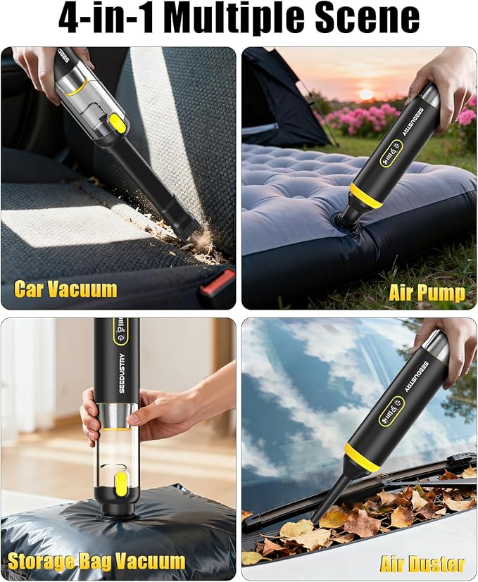 SEEDUSTRY Handheld Vacuum Cleaner Cordless, Mini Small Car Vacuum, Portable Pet Hair Vacuum, 3 Suction Modes-Up to 18000pa, 6 Blow & Suck & Deflate & Inflate Nozzles for Car, Pet, Office, Home